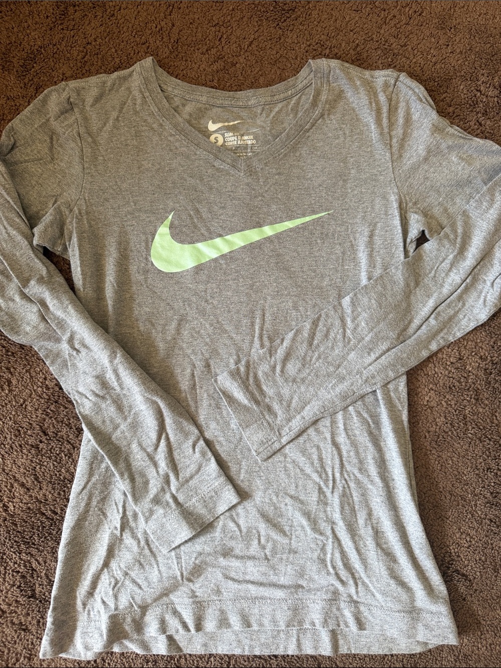 Nike Women's Gray Long Sleeve V-Neck Top with Lime Green Swoosh
